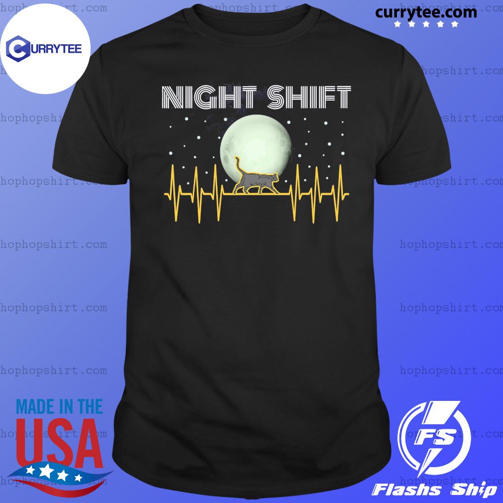 Night Shift Cat Heartbeat Moon T-Shirt